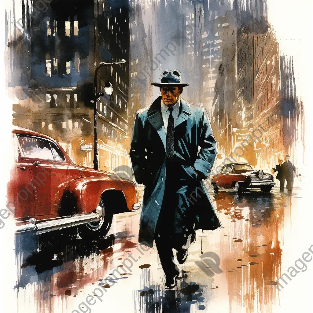 1940s comic scene of a detective in a rainy city infused with film noir elements - Image 3