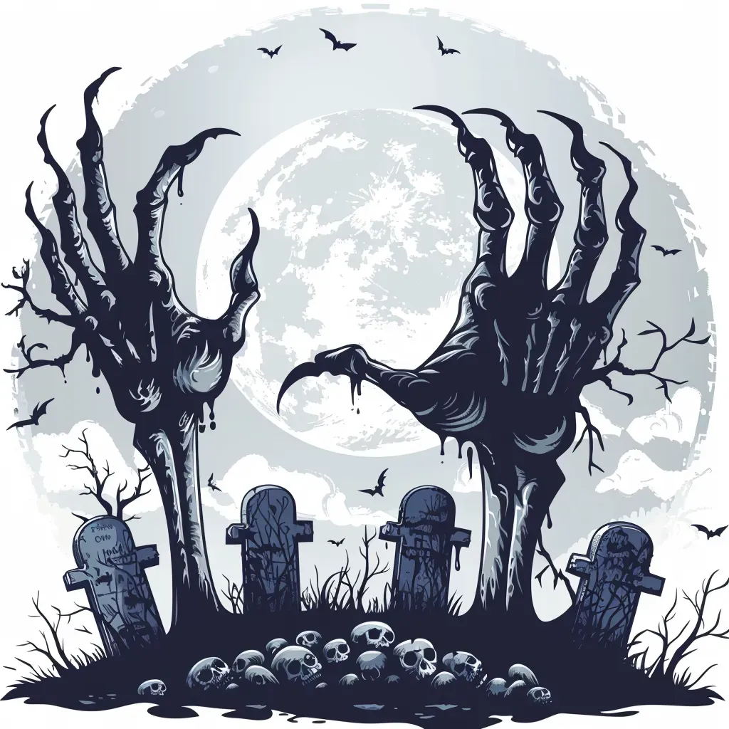 Zombie hands emerging from graveyard, mist, moon, tombstones Halloween logo - Image 3