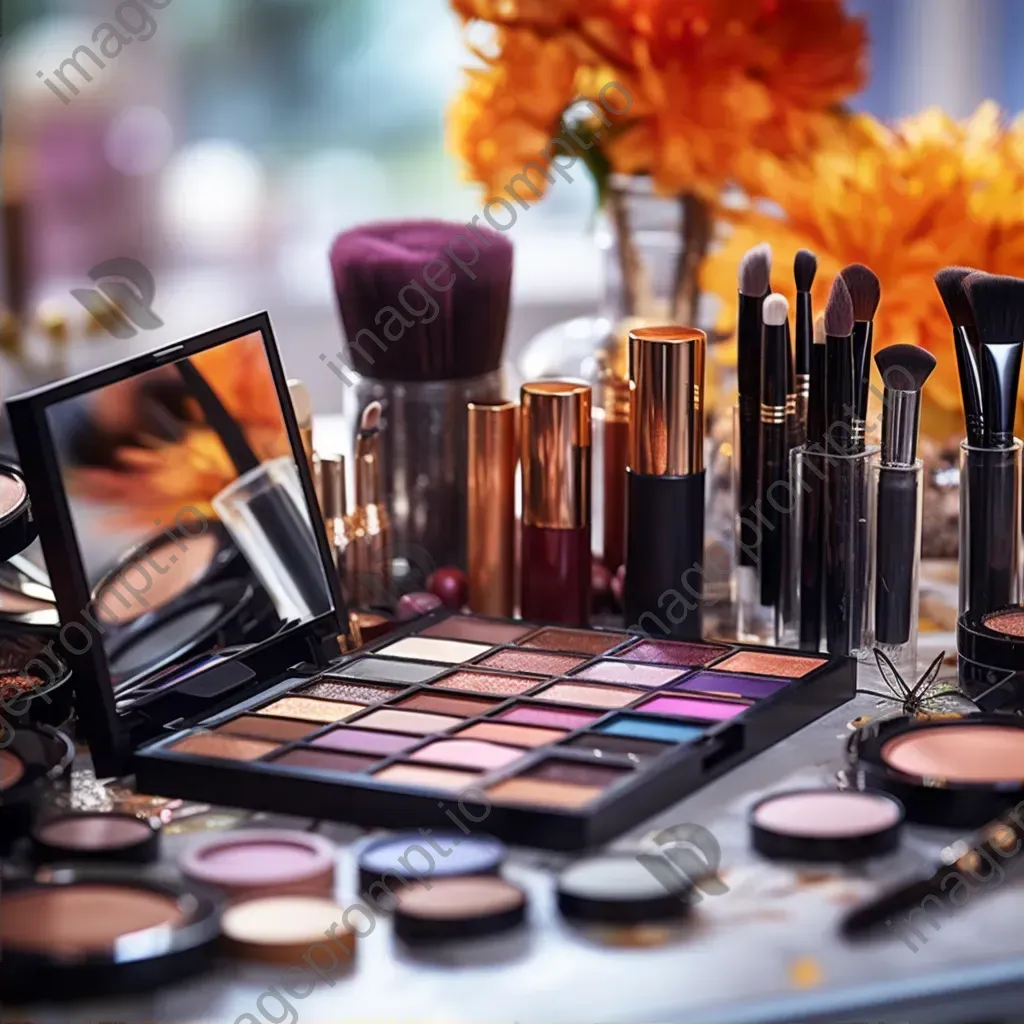 Top view of makeup products on a vanity table with brushes and palettes - Image 2