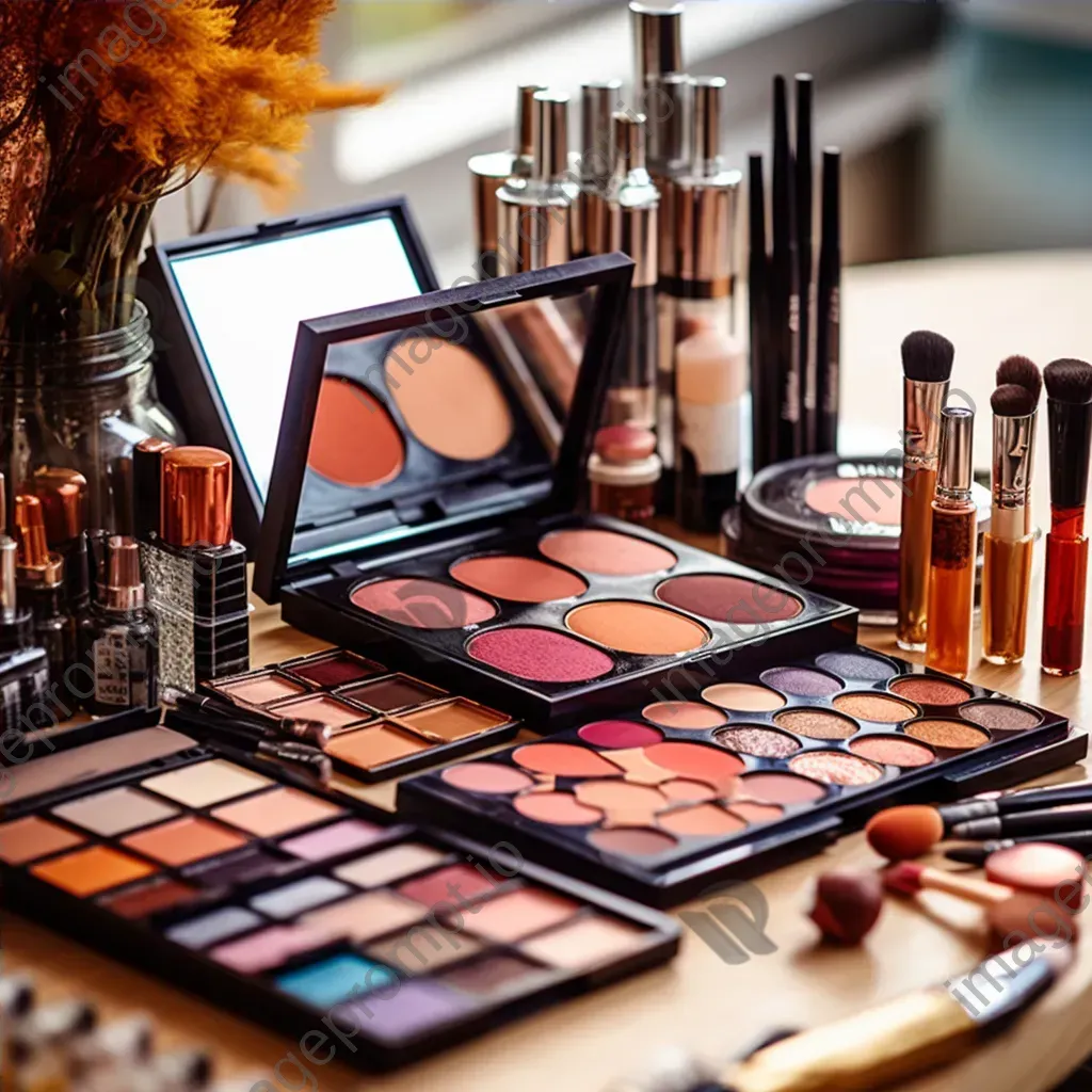 Top view of makeup products on a vanity table with brushes and palettes - Image 4