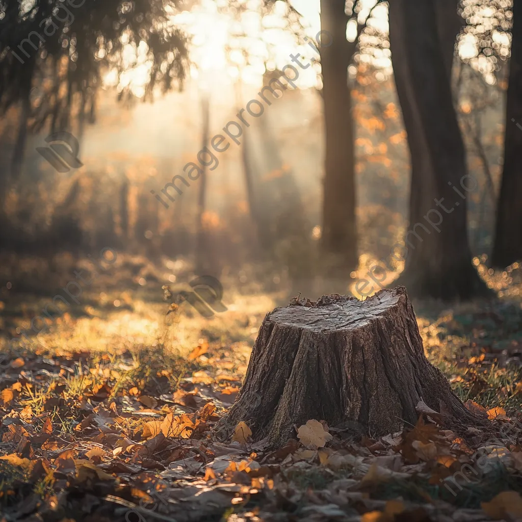 Ancient tree stump in a sunlit forest clearing surrounded by leaves - Image 1