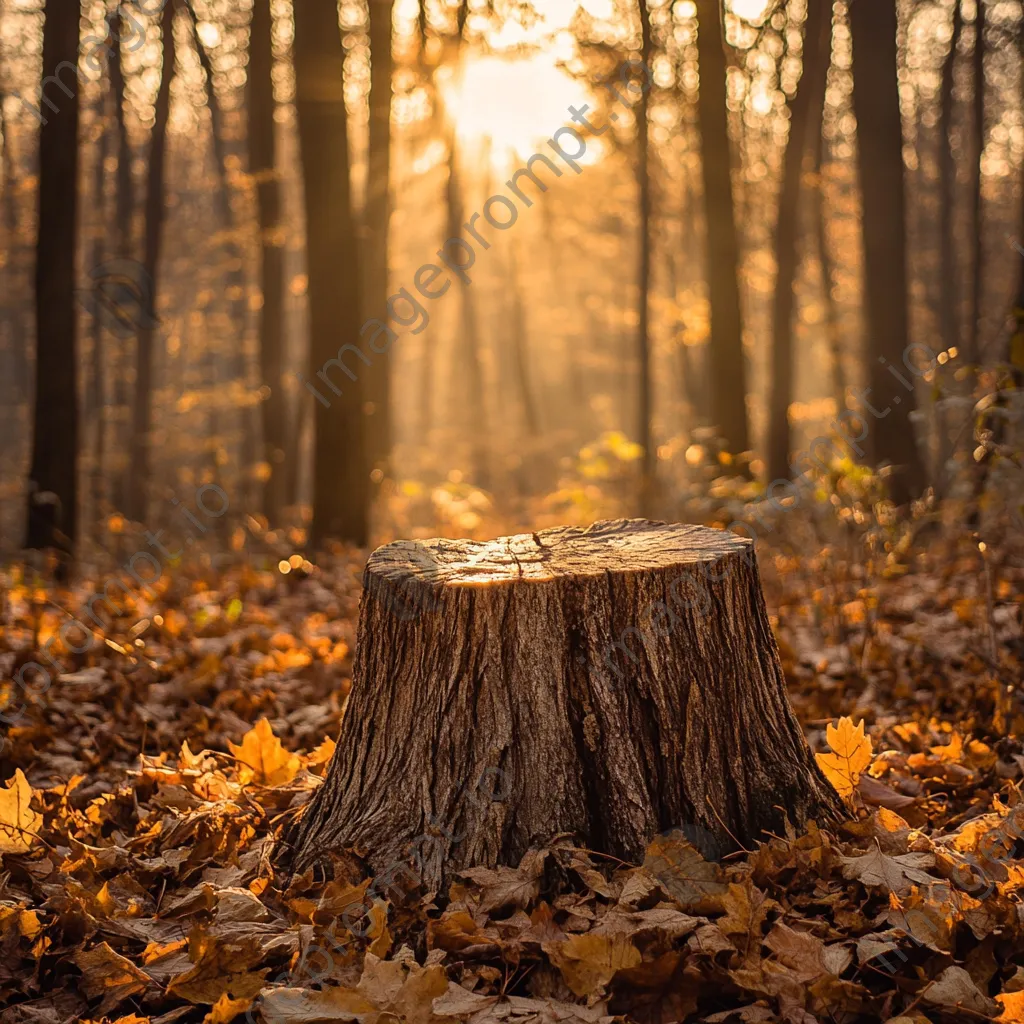 Ancient tree stump in a sunlit forest clearing surrounded by leaves - Image 3