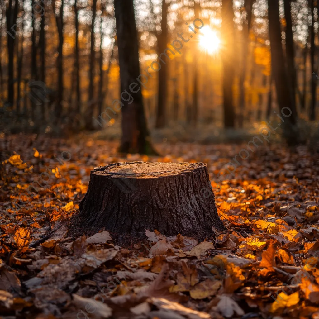 Ancient tree stump in a sunlit forest clearing surrounded by leaves - Image 4