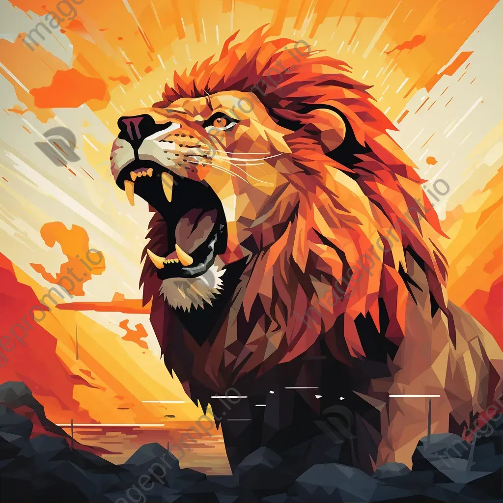 Low-poly portrait of a roaring lion at sunset - Image 1