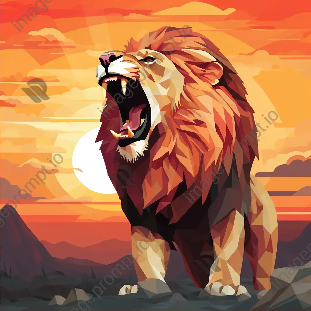 Low-poly portrait of a roaring lion at sunset - Image 2