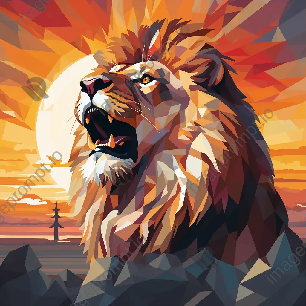 Low-poly portrait of a roaring lion at sunset - Image 3