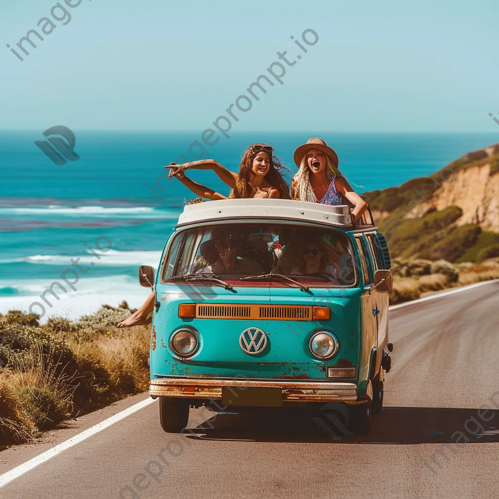 Group of friends singing joyfully inside their van on the road - Image 1