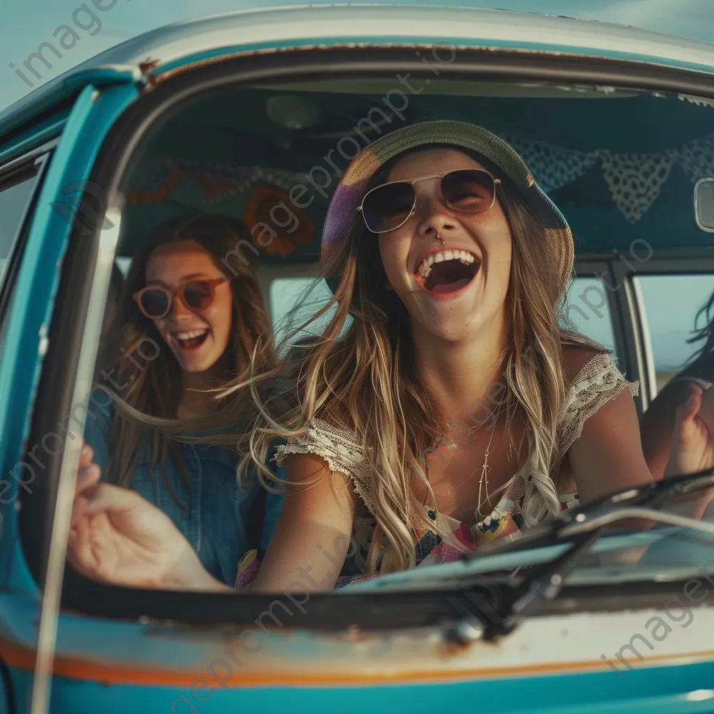 Group of friends singing joyfully inside their van on the road - Image 2