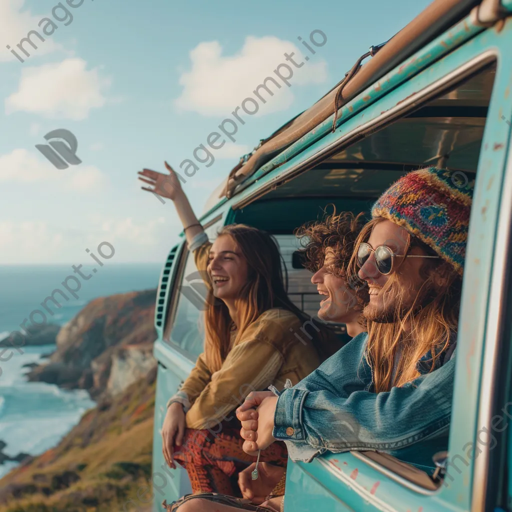 Group of friends singing joyfully inside their van on the road - Image 3