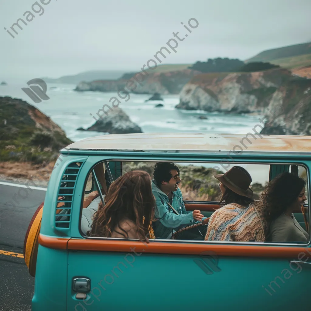 Group of friends singing joyfully inside their van on the road - Image 4