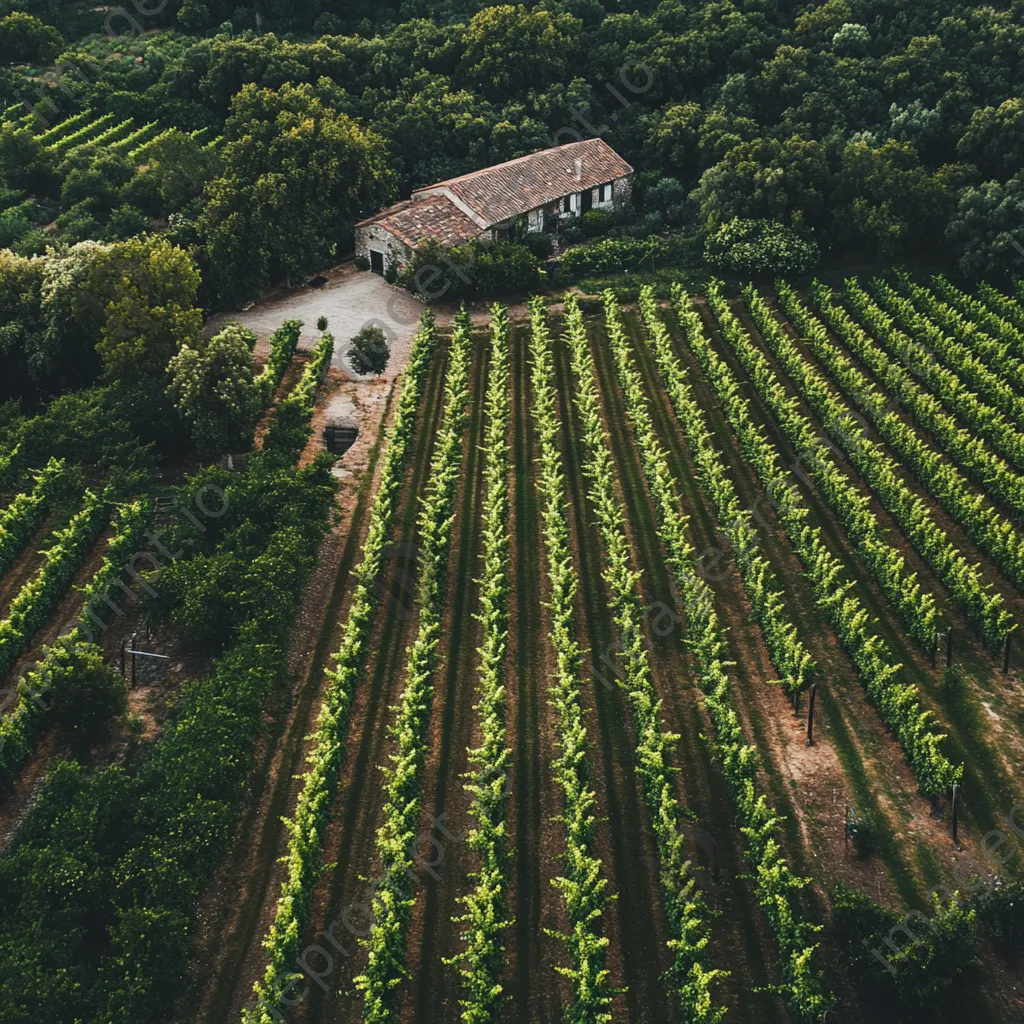 Aerial perspective of vineyard with rows of grapevines and farmhouse - Image 2