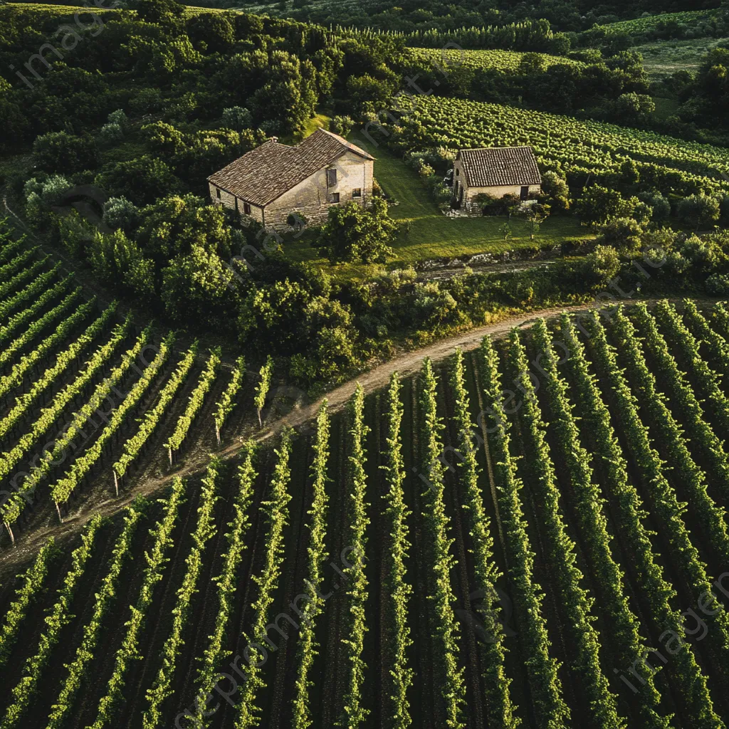 Aerial perspective of vineyard with rows of grapevines and farmhouse - Image 3