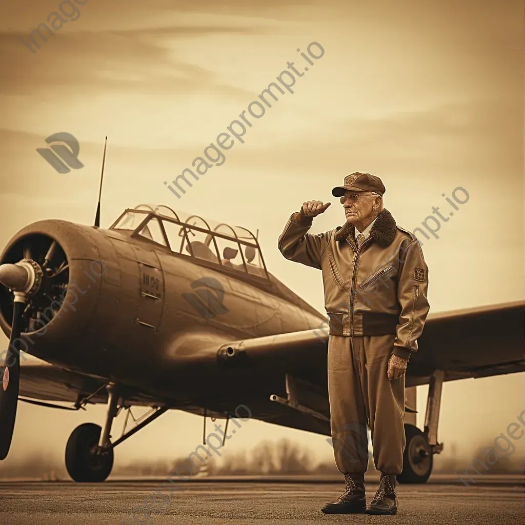 Vintage portrait of an older man in a retro military uniform saluting in front of a vintage airplane - Image 1