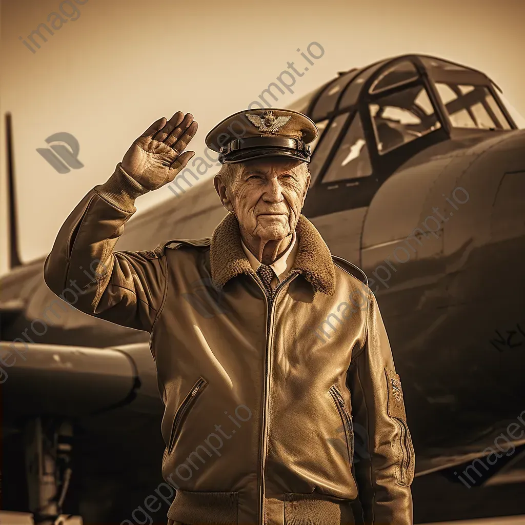 Vintage portrait of an older man in a retro military uniform saluting in front of a vintage airplane - Image 2