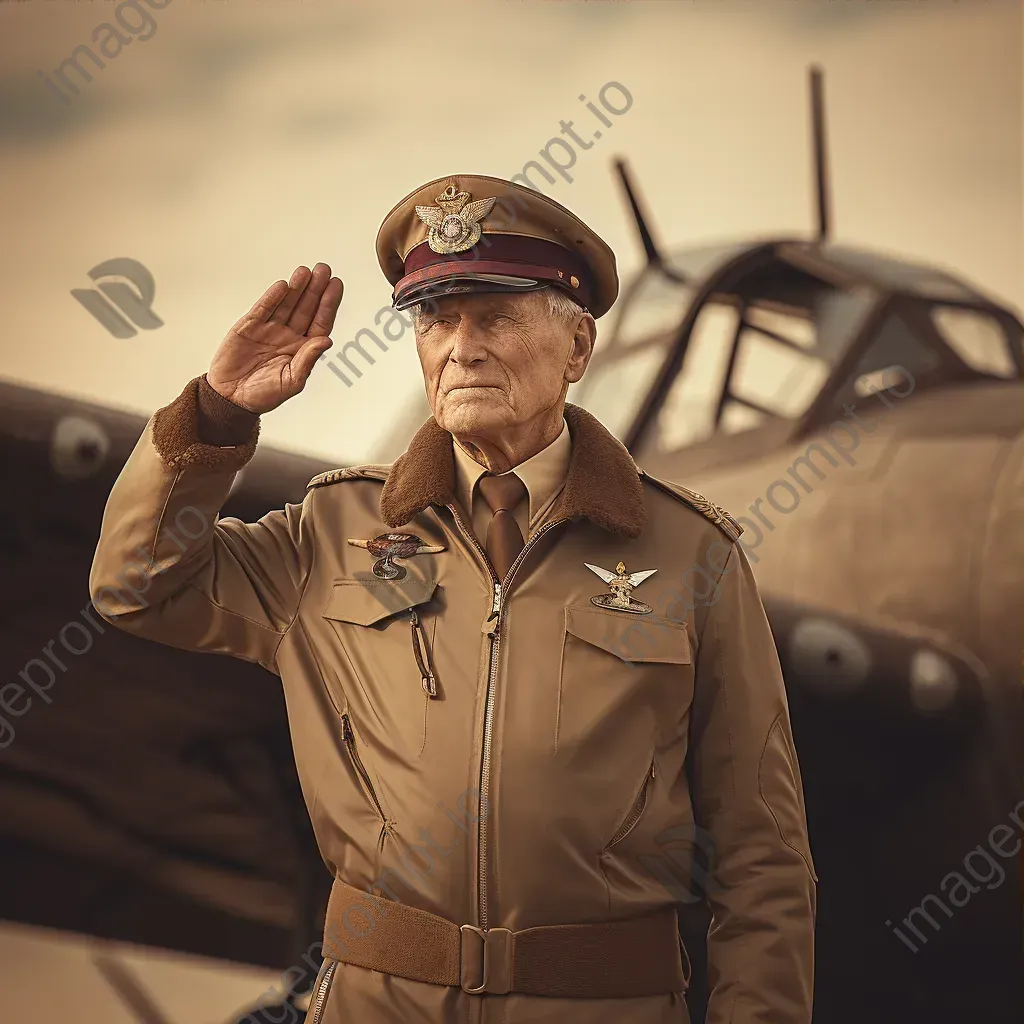 Vintage portrait of an older man in a retro military uniform saluting in front of a vintage airplane - Image 3