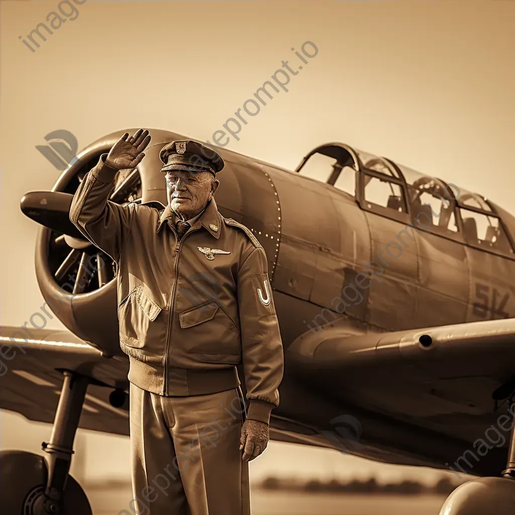 Vintage portrait of an older man in a retro military uniform saluting in front of a vintage airplane - Image 4