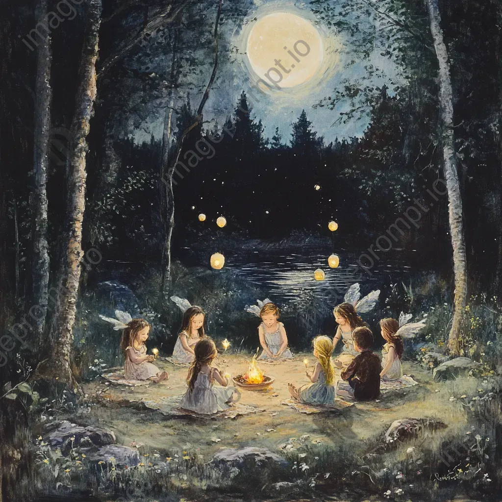 Soft pastel artwork of children and fairies sharing a moonlit picnic - Image 1