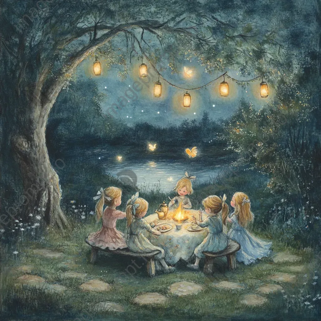 Soft pastel artwork of children and fairies sharing a moonlit picnic - Image 2