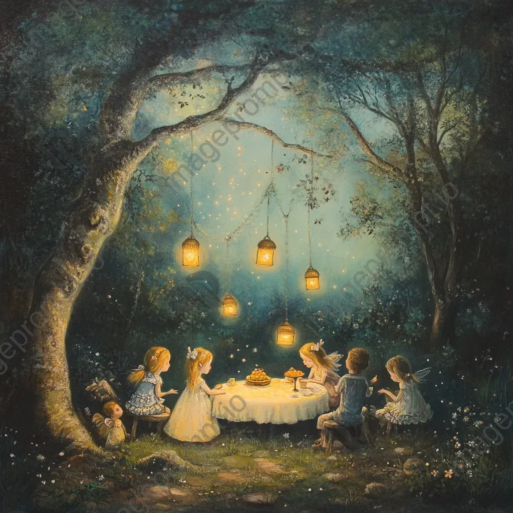 Soft pastel artwork of children and fairies sharing a moonlit picnic - Image 3