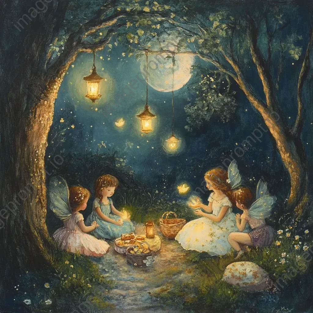 Soft pastel artwork of children and fairies sharing a moonlit picnic - Image 4