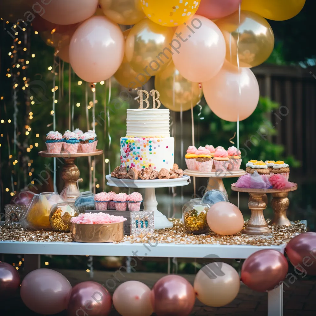 A whimsical birthday cake table adorned with balloons and party favors. - Image 1