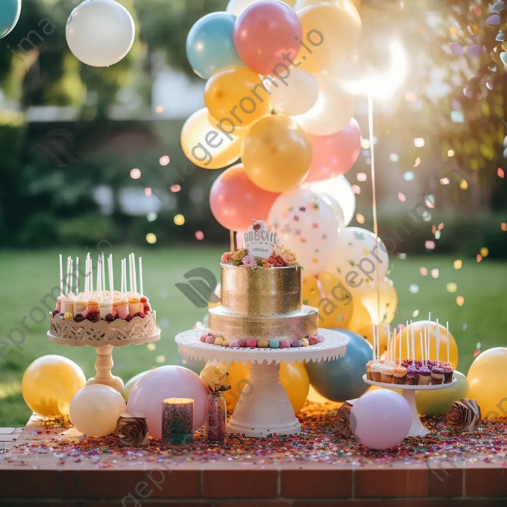 A whimsical birthday cake table adorned with balloons and party favors. - Image 2