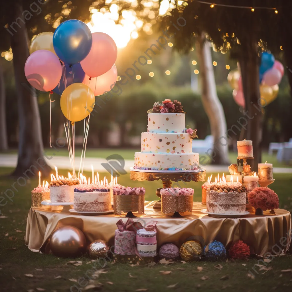 A whimsical birthday cake table adorned with balloons and party favors. - Image 3