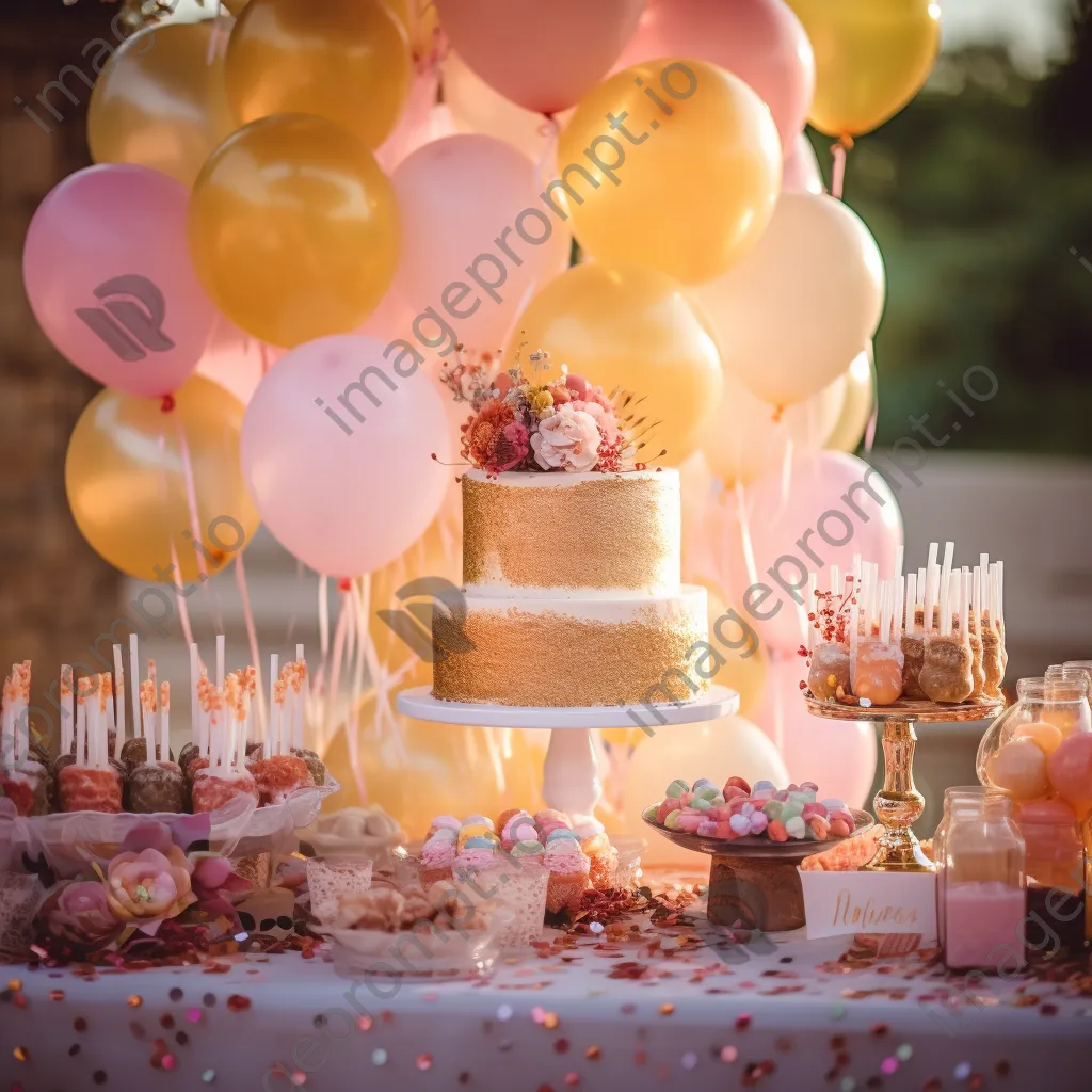 A whimsical birthday cake table adorned with balloons and party favors. - Image 4