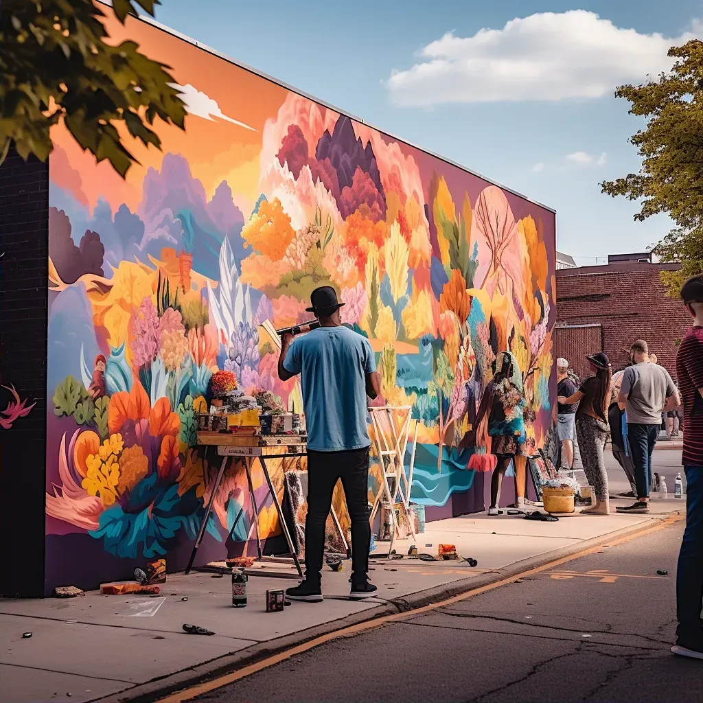 Graffiti artist painting vibrant abstract mural on brick wall - Image 2