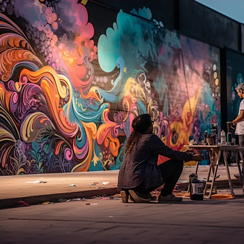 Graffiti artist painting vibrant abstract mural on brick wall - Image 4