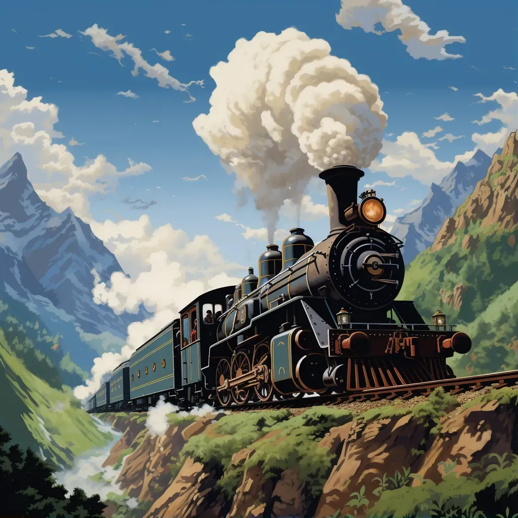 Image of a vintage steam train in a lush mountain pass with smoke billowing - Image 1