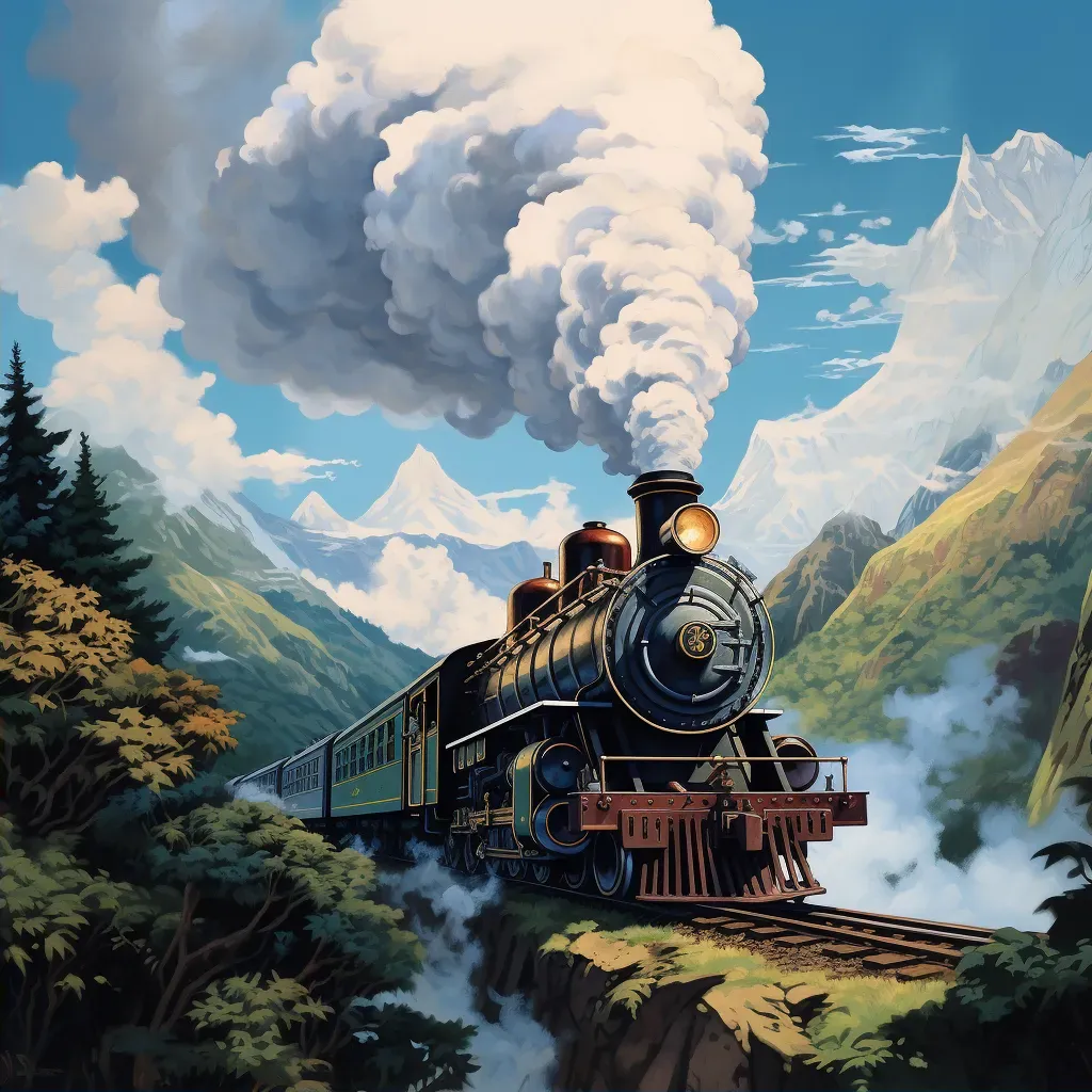 Image of a vintage steam train in a lush mountain pass with smoke billowing - Image 2