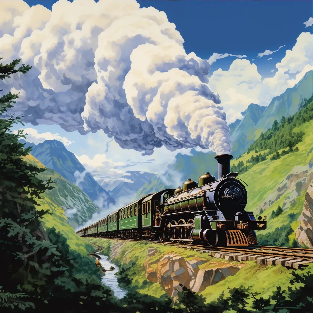 Image of a vintage steam train in a lush mountain pass with smoke billowing - Image 3