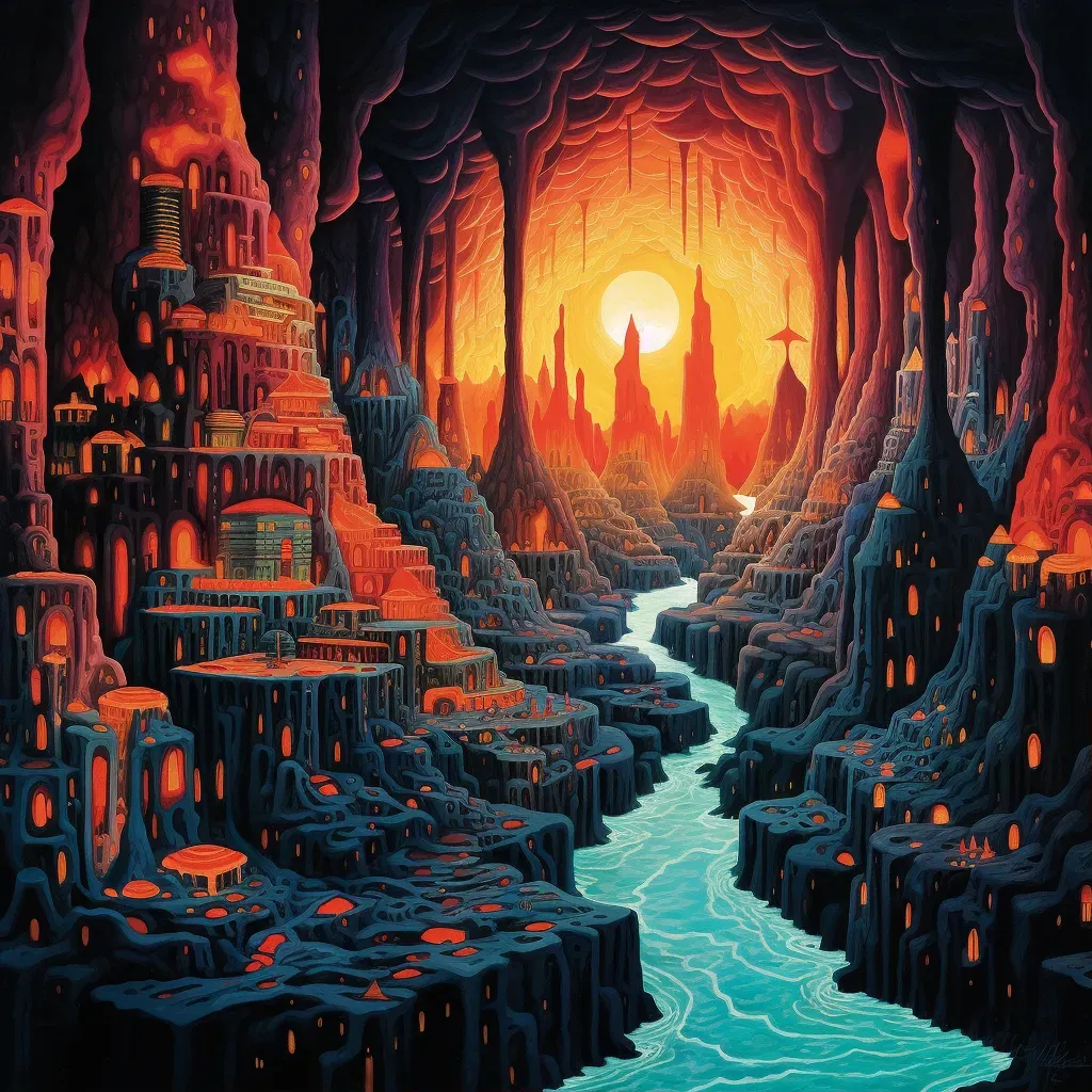 Majestic ancient underworld city with lava rivers and obsidian structures - Image 1