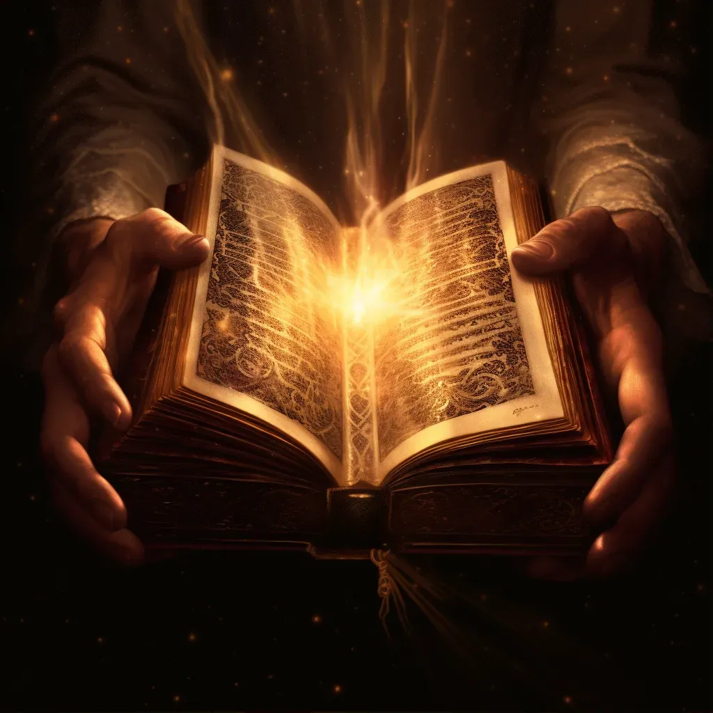 Pair of hands gently opening an old, leather-bound book with golden light emitting from the pages - Image 1