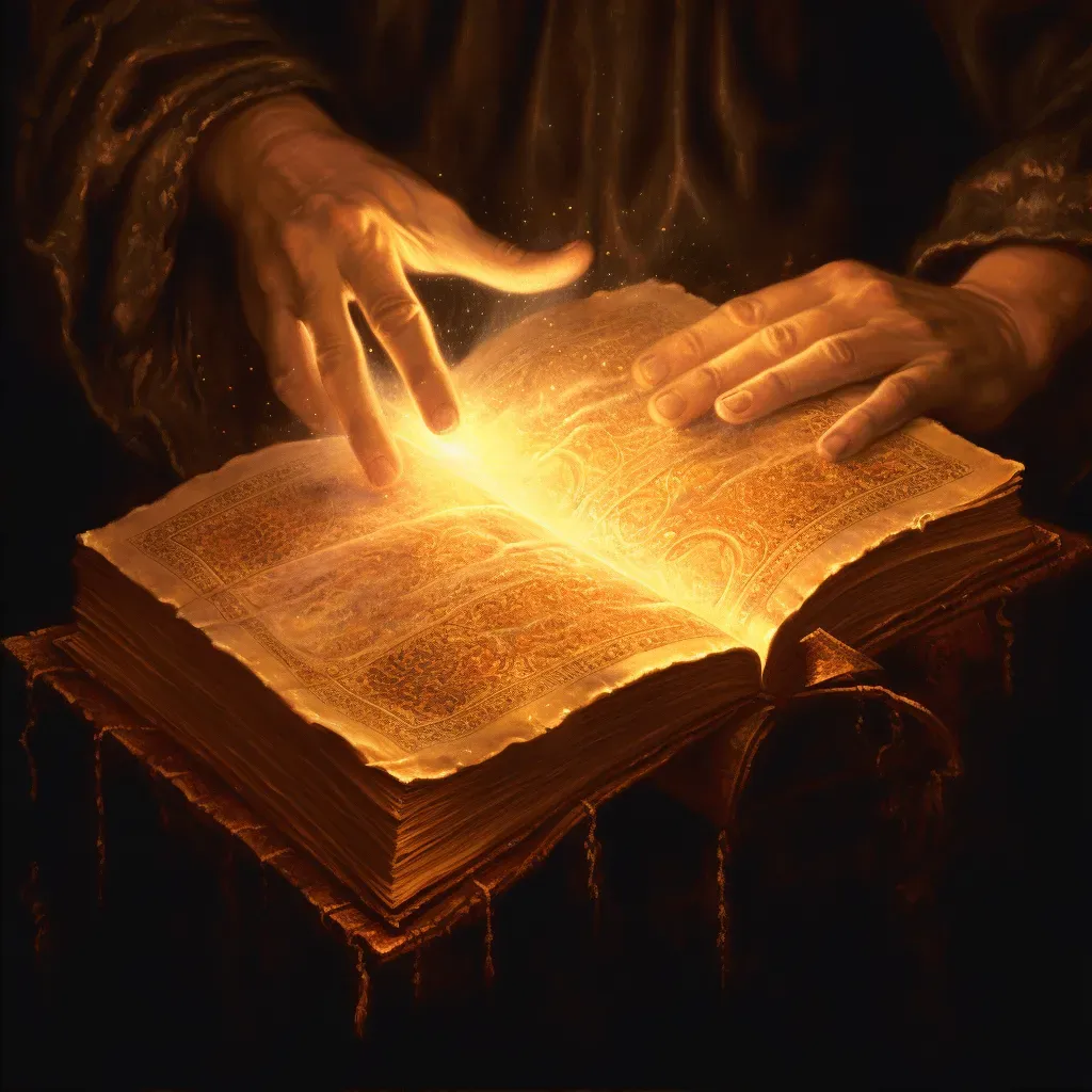 Pair of hands gently opening an old, leather-bound book with golden light emitting from the pages - Image 2