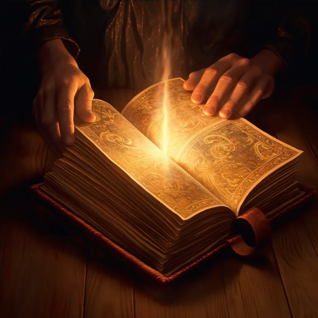 Pair of hands gently opening an old, leather-bound book with golden light emitting from the pages - Image 4