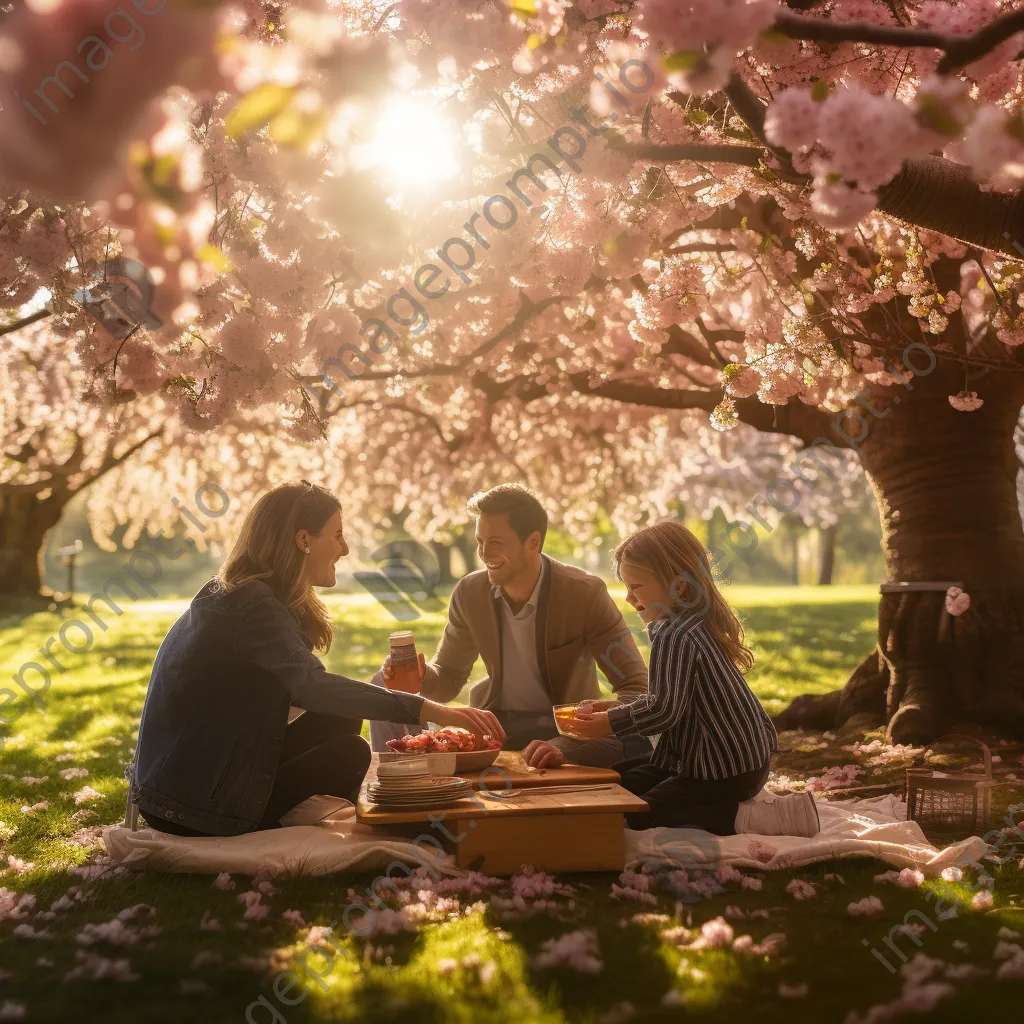 Family picnic beneath cherry blossom trees - Image 1