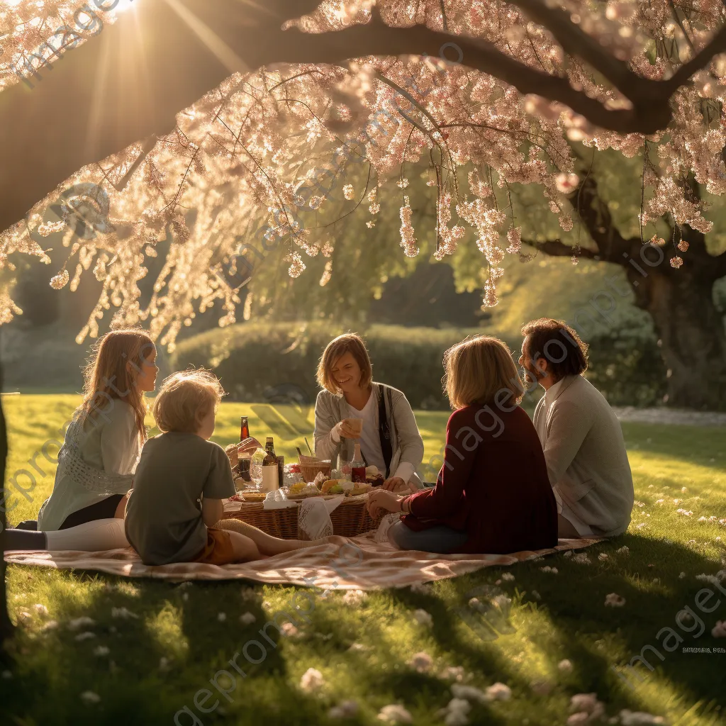 Family picnic beneath cherry blossom trees - Image 4