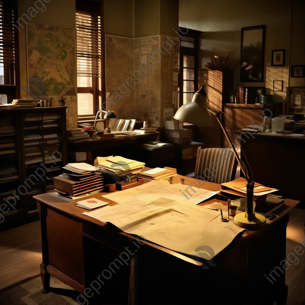 Vintage detective office in warm sepia tones with scattered case files - Image 1