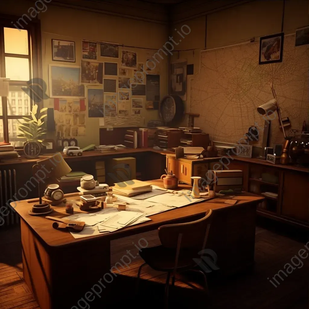 Vintage detective office in warm sepia tones with scattered case files - Image 3