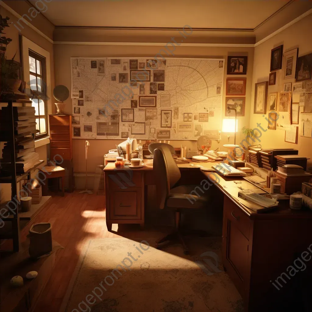 Vintage detective office in warm sepia tones with scattered case files - Image 4