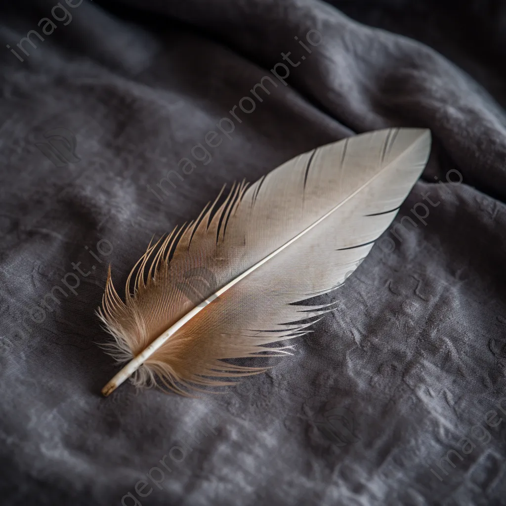 Single feather on textured gray fabric - Image 2