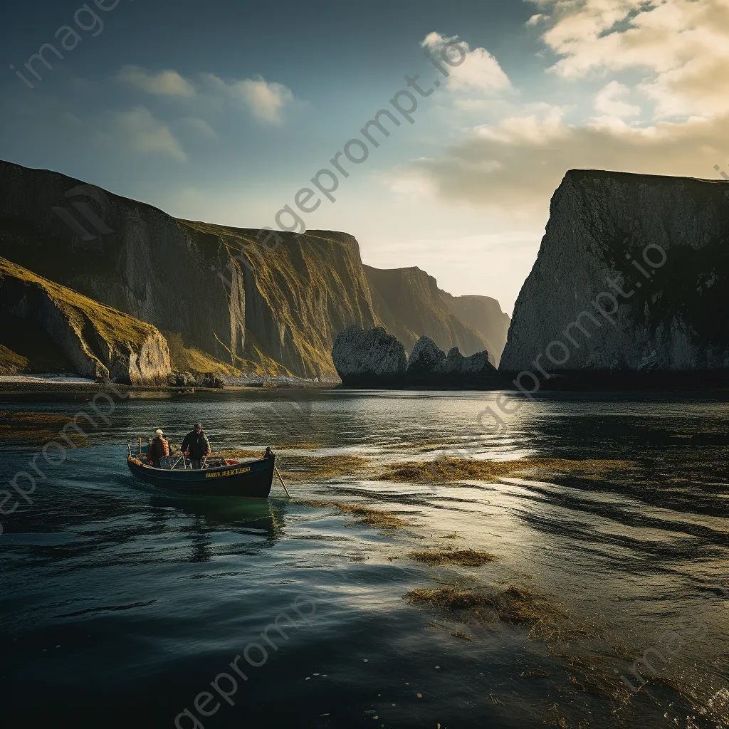 Fisherman casting a net from a small boat with cliffs in the background. - Image 1