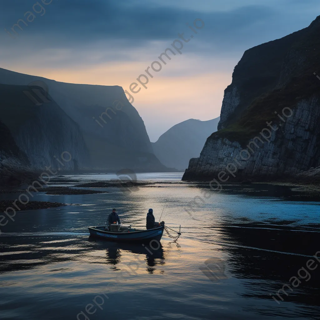 Fisherman casting a net from a small boat with cliffs in the background. - Image 2