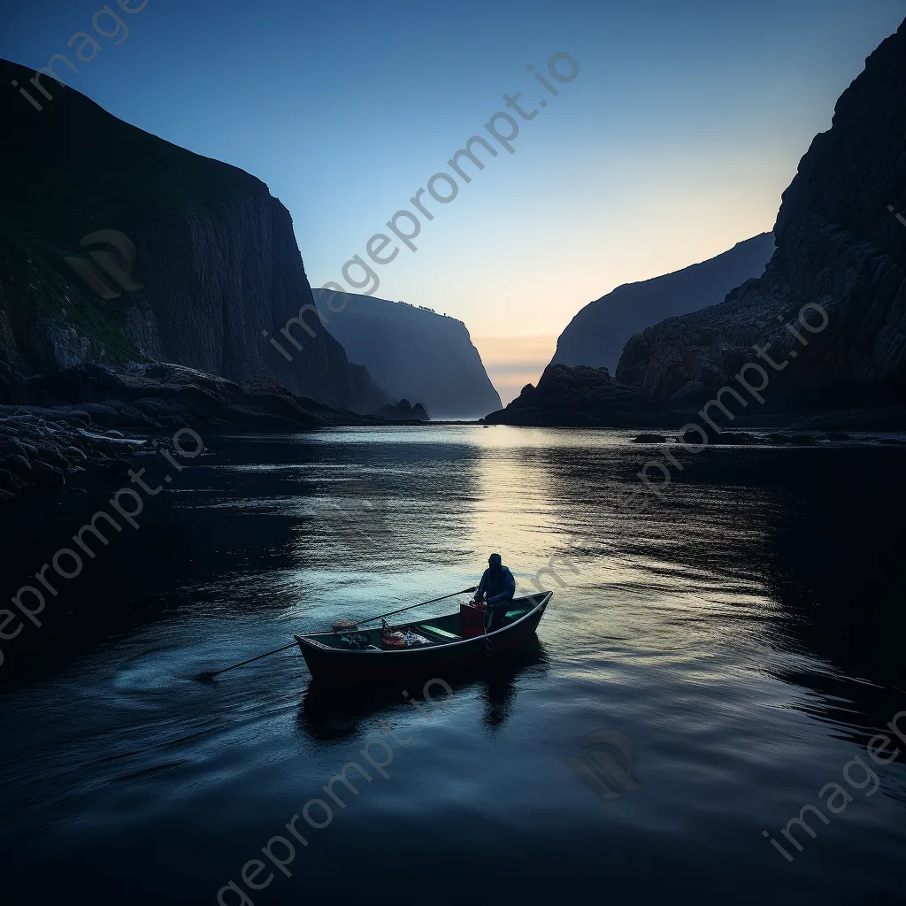 Fisherman casting a net from a small boat with cliffs in the background. - Image 3