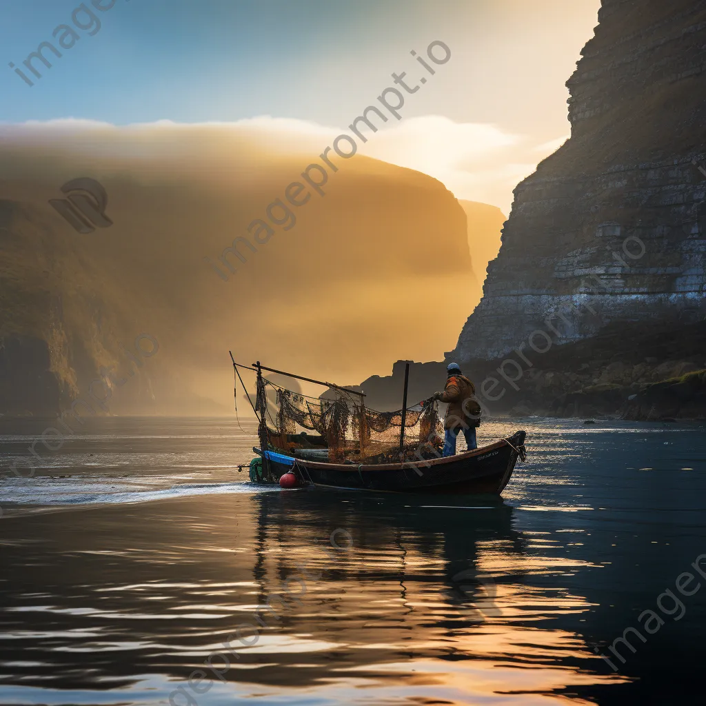 Fisherman casting a net from a small boat with cliffs in the background. - Image 4