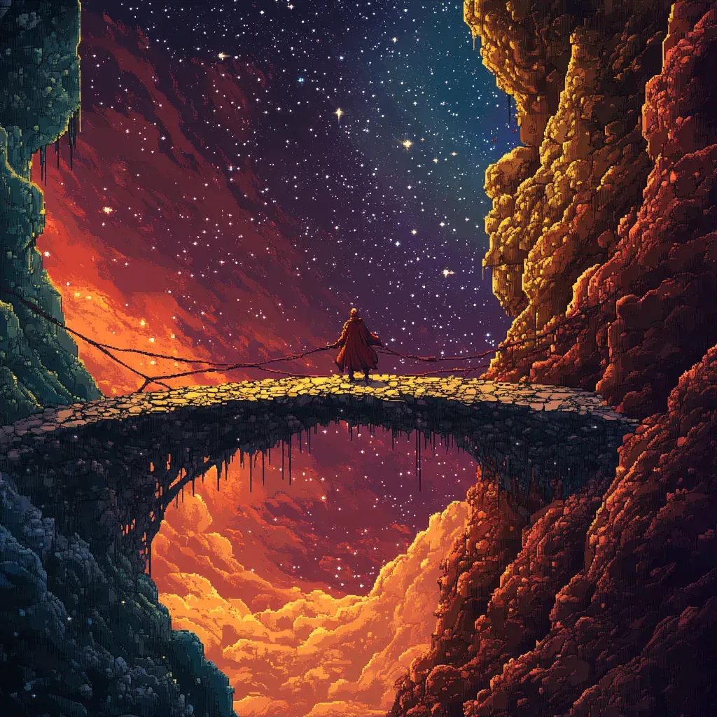 Pixel art of a mystic crossing a treacherous bridge in a celestial landscape - Image 1