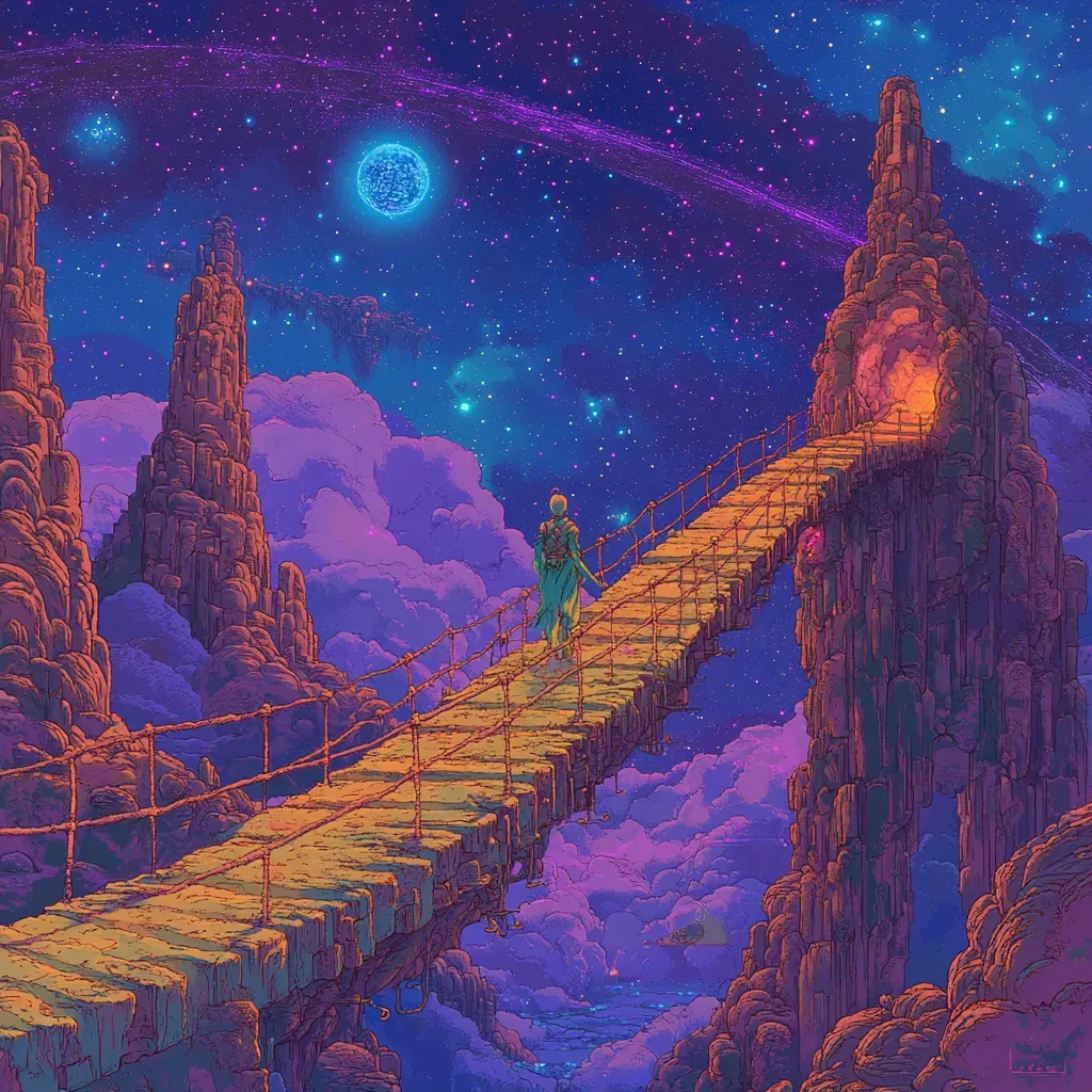 Pixel art of a mystic crossing a treacherous bridge in a celestial landscape - Image 2