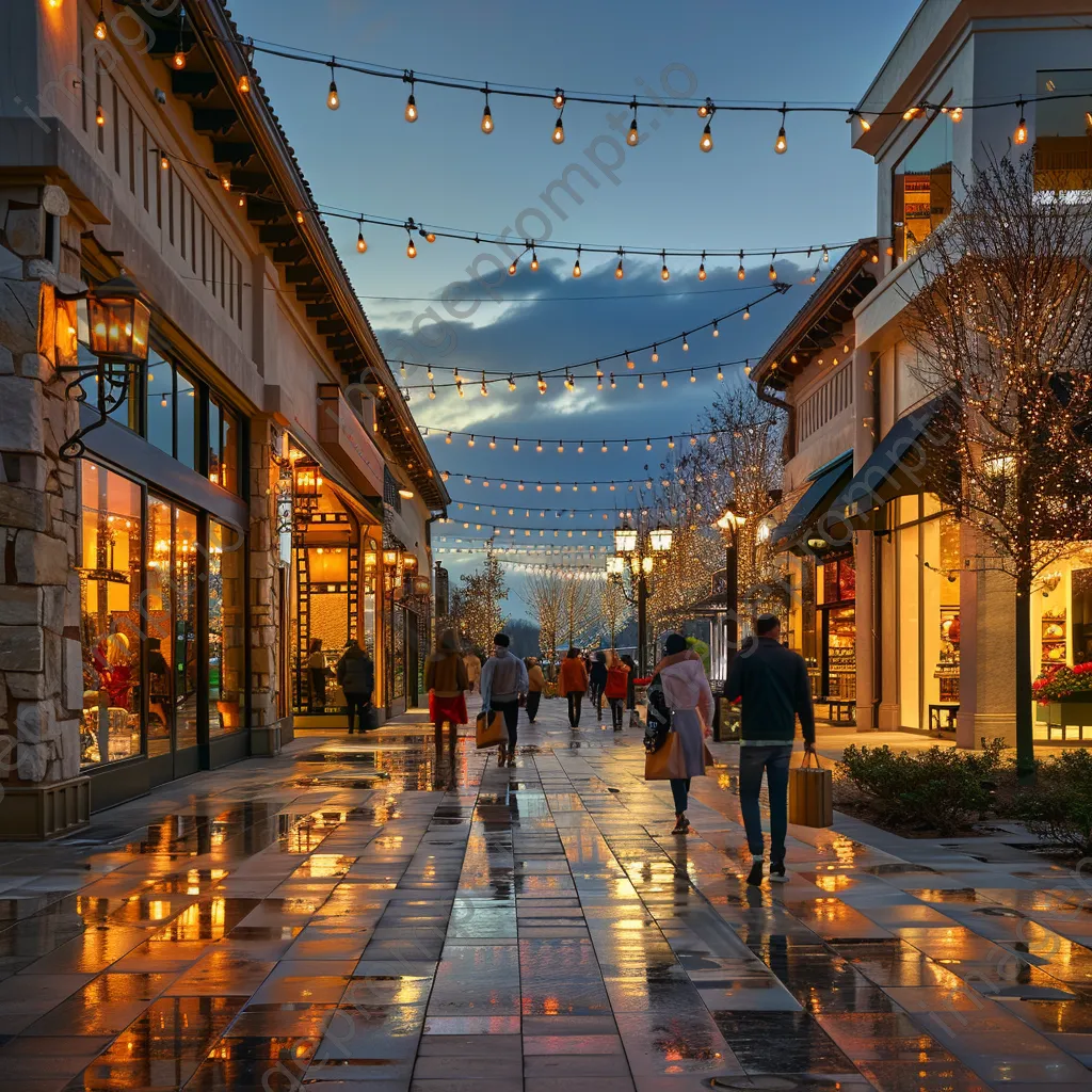 Outdoor shopping outlet decorated with twinkling lights at dusk. - Image 1